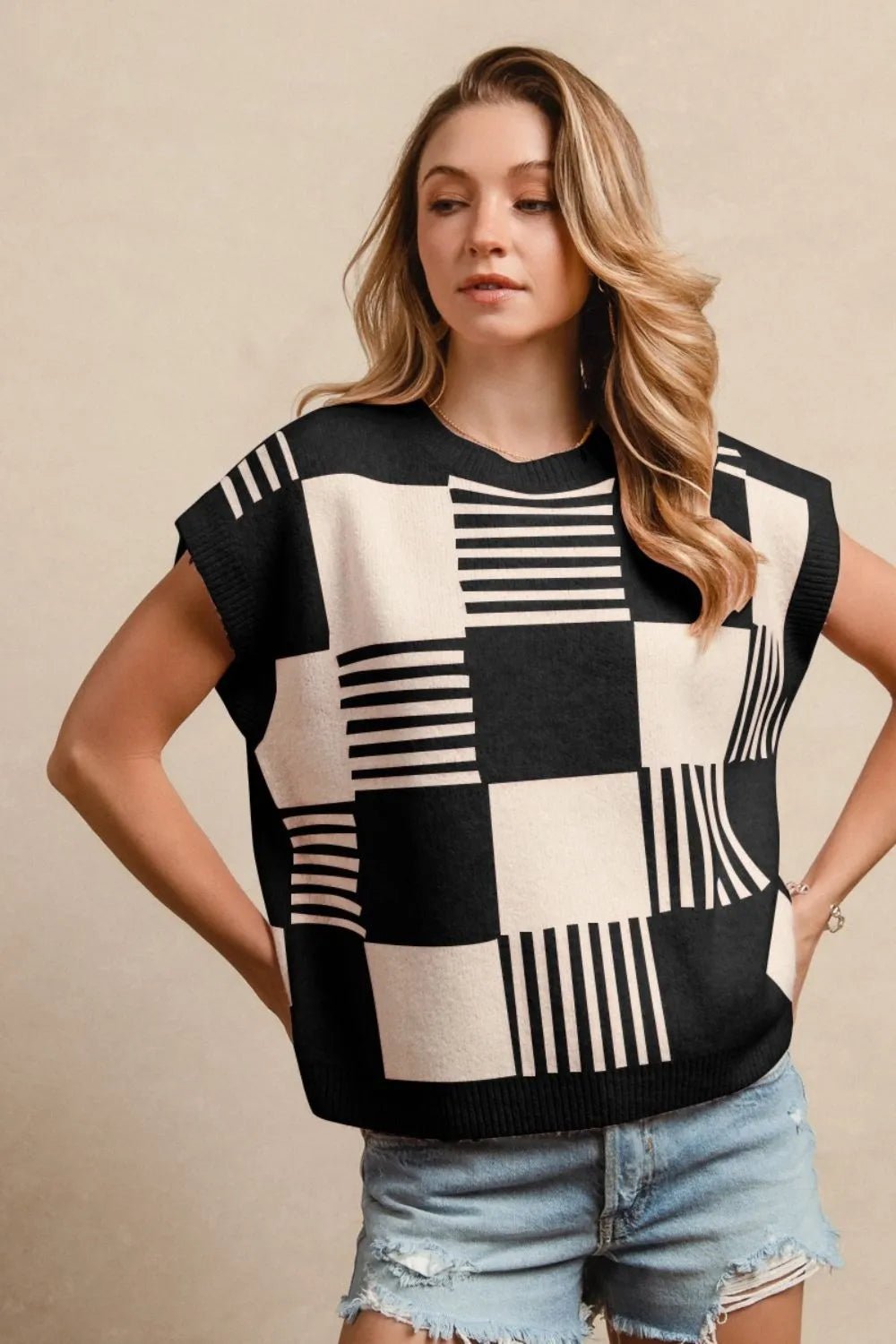 BiBi Checker With Stripes Pattern Sleeveless Sweater - Bela Fils BoutiqueBela Fils Boutique
