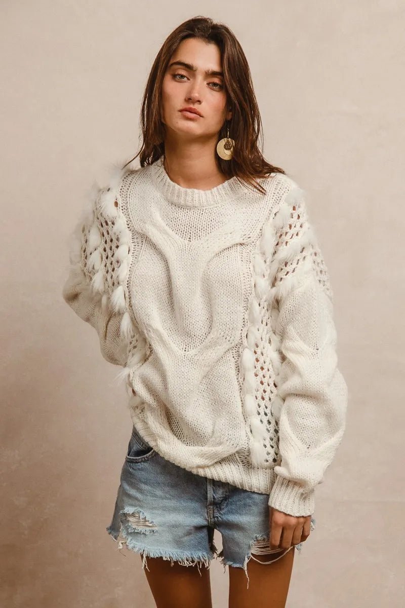BiBi Faux Fur Detailed Pointelle Cable Knit Sweater - Bela Fils BoutiqueBela Fils Boutique