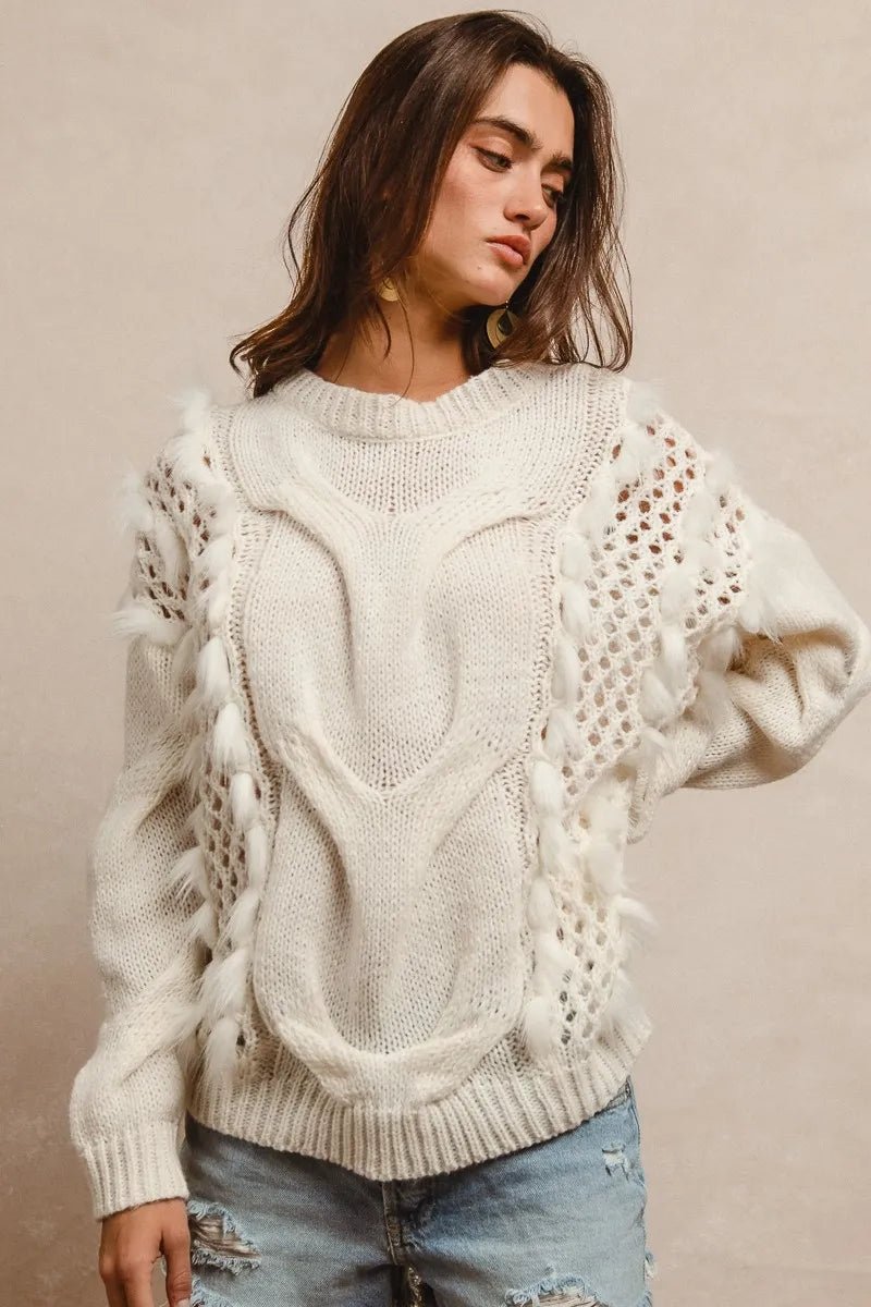 BiBi Faux Fur Detailed Pointelle Cable Knit Sweater - Bela Fils BoutiqueBela Fils Boutique