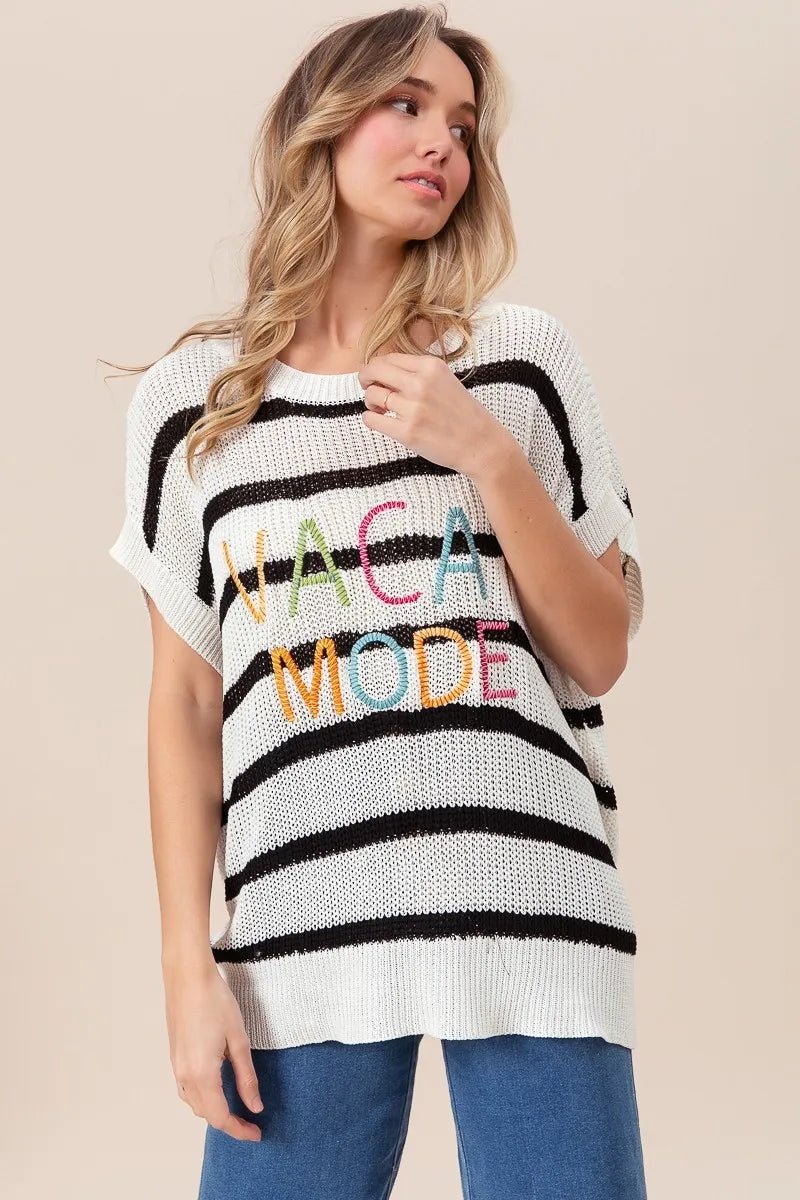 BiBi Vacay Mode Lettering Drop Shoulder Striped Sweater - Bela Fils BoutiqueBela Fils Boutique