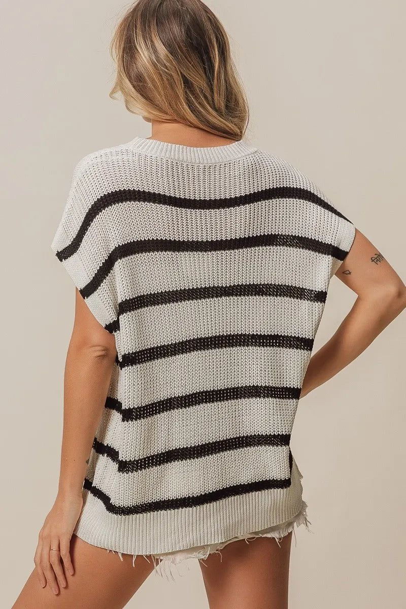 BiBi Vacay Mode Lettering Drop Shoulder Striped Sweater - Bela Fils BoutiqueBela Fils Boutique