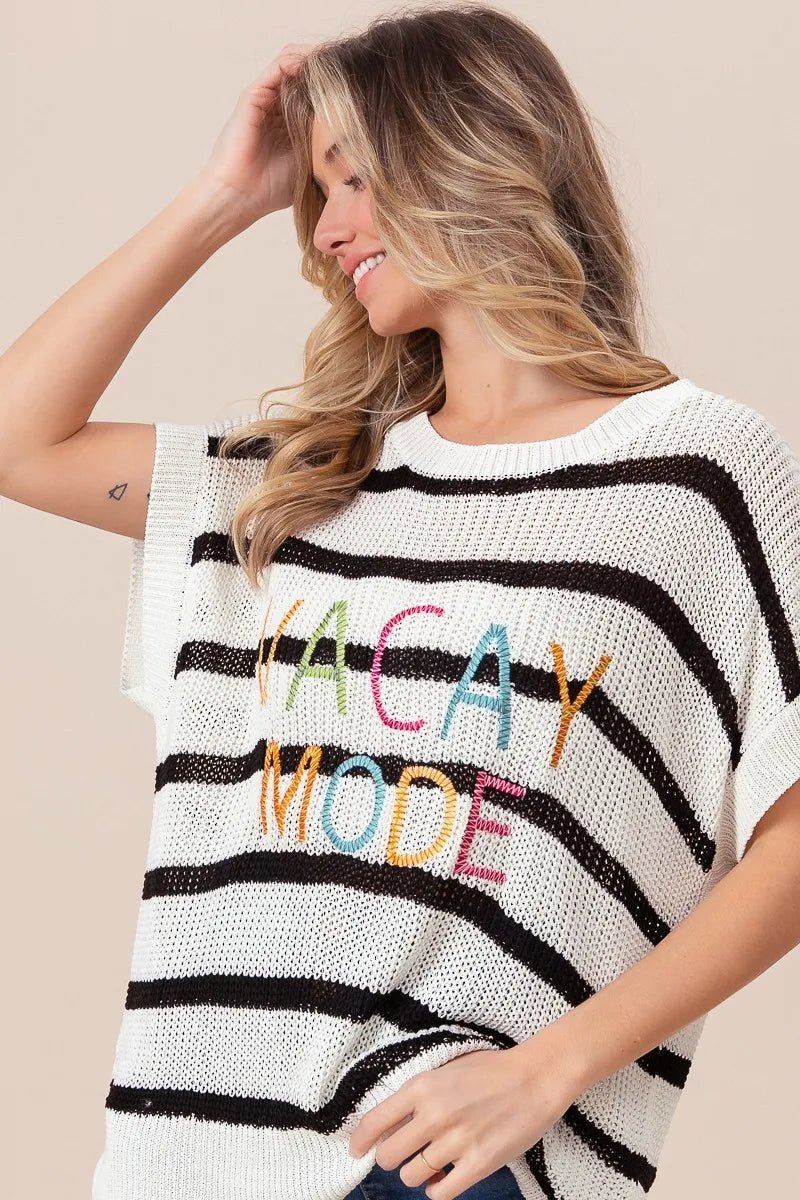 BiBi Vacay Mode Lettering Drop Shoulder Striped Sweater - Bela Fils BoutiqueBela Fils Boutique