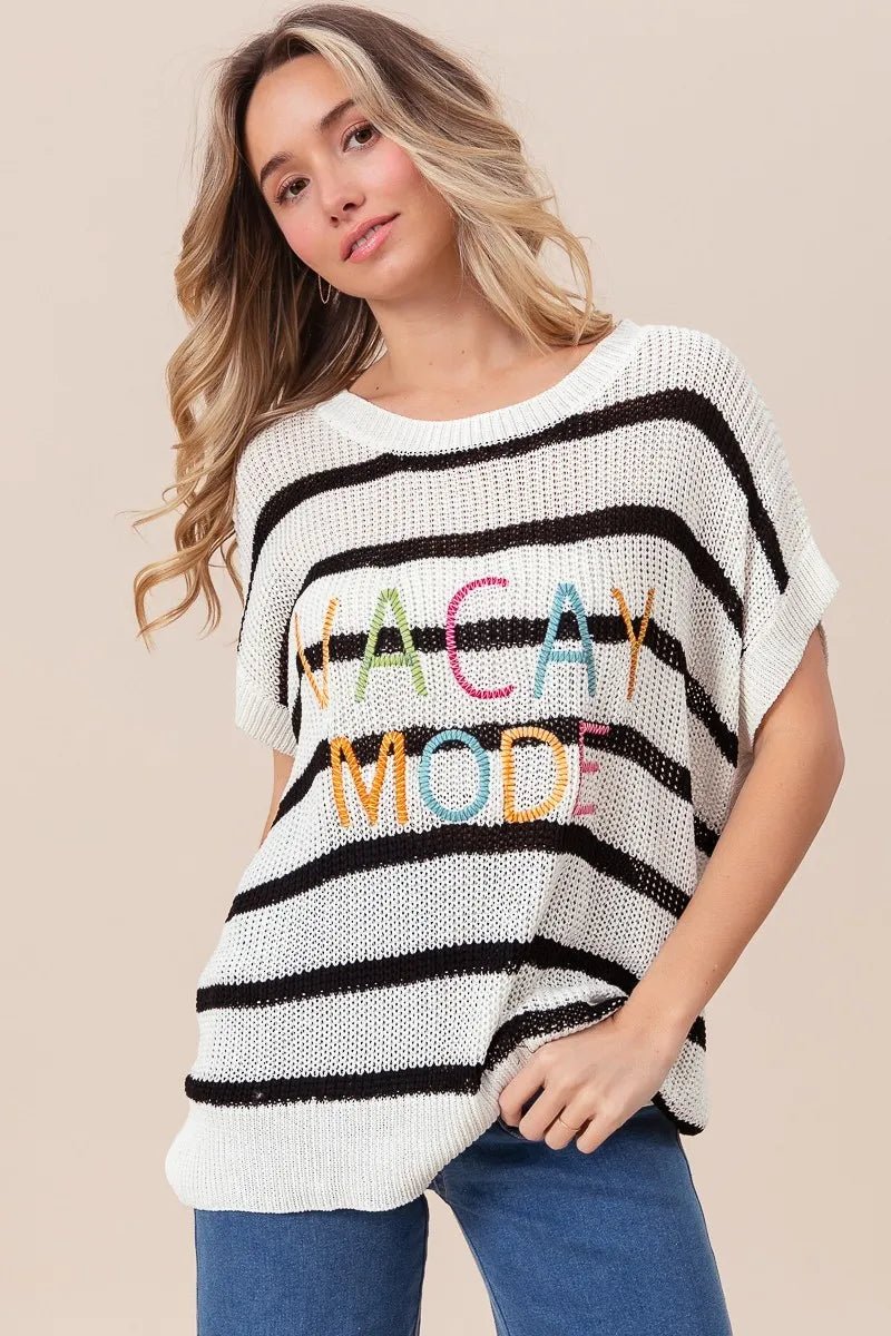 BiBi Vacay Mode Lettering Drop Shoulder Striped Sweater - Bela Fils BoutiqueBela Fils Boutique