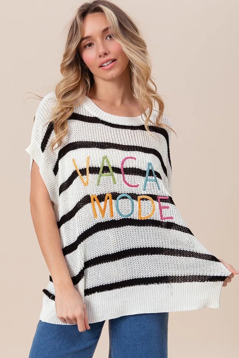 BiBi Vacay Mode Lettering Drop Shoulder Striped Sweater - Bela Fils BoutiqueBela Fils Boutique