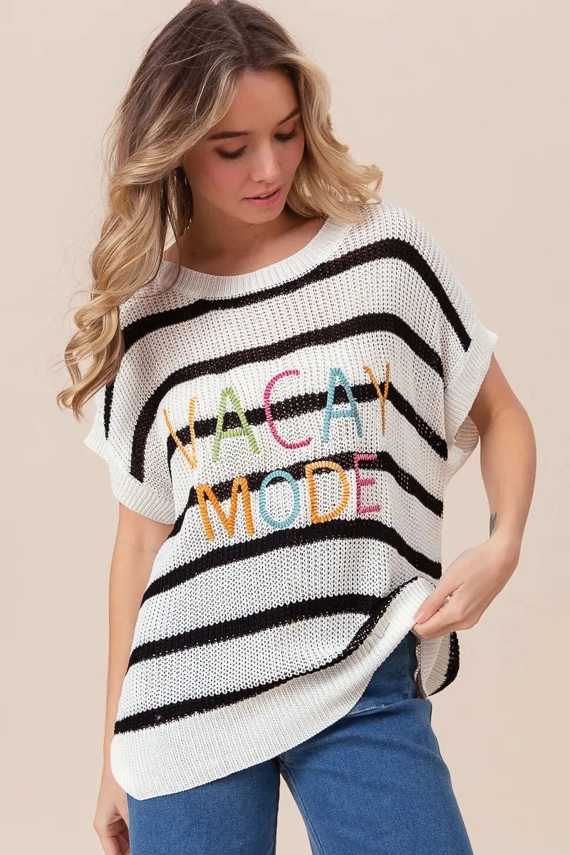 BiBi Vacay Mode Lettering Drop Shoulder Striped Sweater - Bela Fils BoutiqueBela Fils Boutique