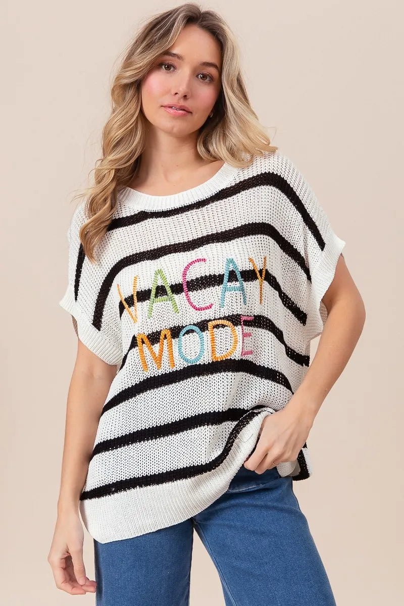 BiBi Vacay Mode Lettering Drop Shoulder Striped Sweater - Bela Fils BoutiqueBela Fils Boutique