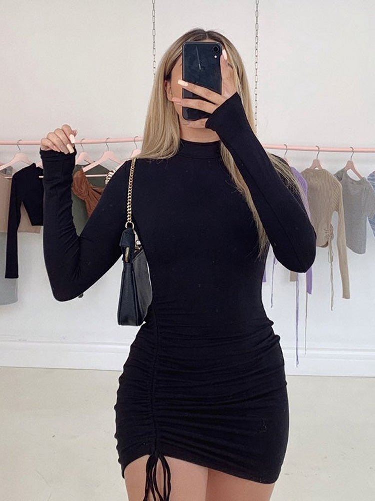 Black Turtleneck Ruched Bodycon Mini Dress for Women - Bela Fils BoutiqueBela Fils Boutique