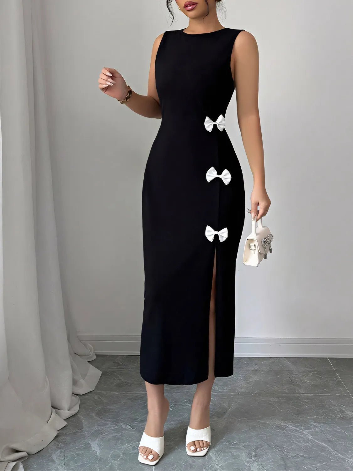 Bow Slit Round Neck Sleeveless Dress - Bela Fils BoutiqueBela Fils Boutique