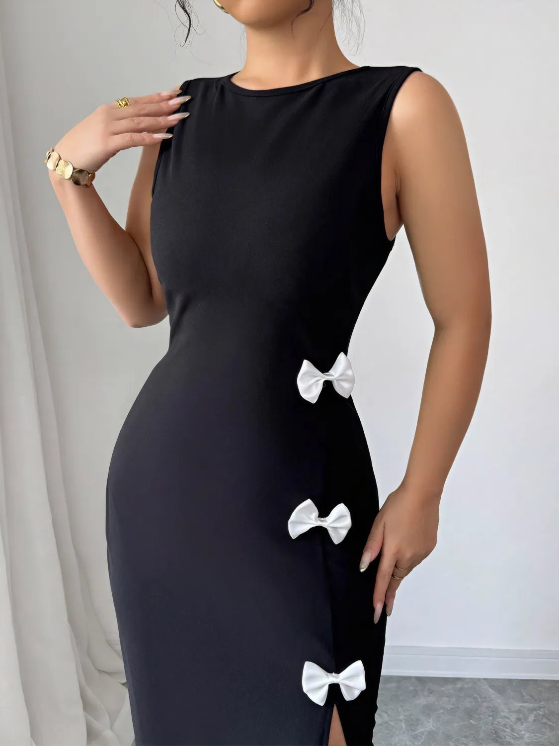 Bow Slit Round Neck Sleeveless Dress - Bela Fils BoutiqueBela Fils Boutique