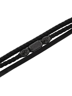 Men’S Black Stainless Steel & Faux Leather Three Strand Bracelet