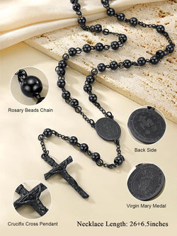 Black Rosary Necklace for Women Men Catholic Virgin Mary Holy Blessed Bead Christian Church Jesus Crucifix Cross Pendant Y Necklace Christmas Jewelry Gift for Mother