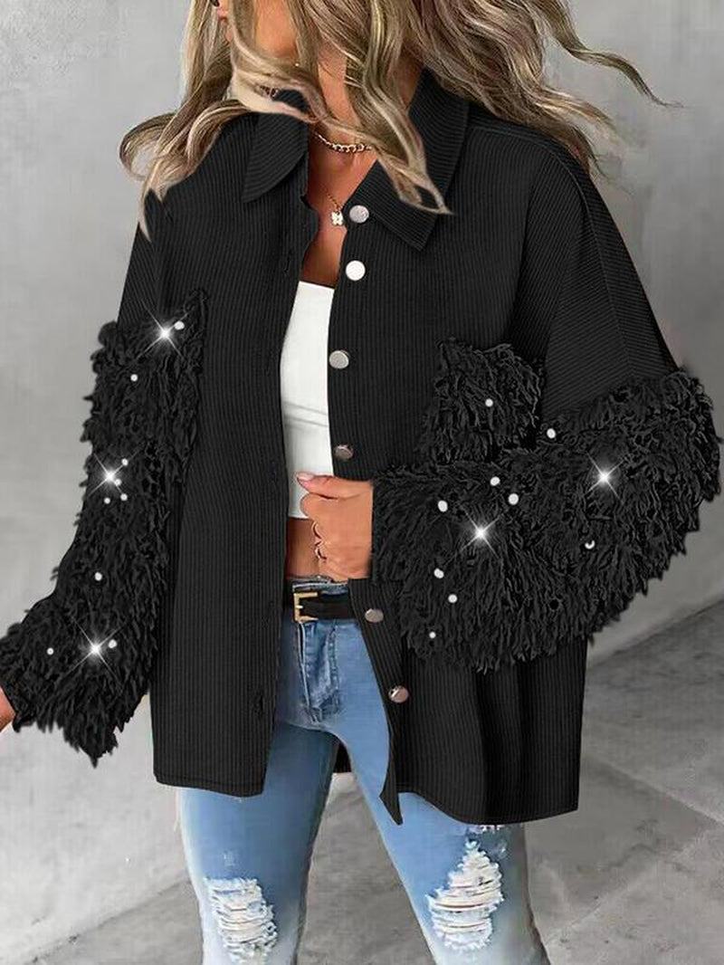 Women'S Colorblock Fuzzy Trim Long Sleeve Jacket, Casual Fashion Button Front Outerwear for Daily Outdoor Wear, Women Clothing for Fall & Winter