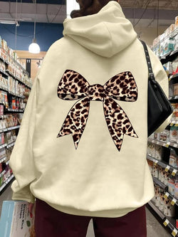 Leopard Print Bowknot Thermal Hoodie - Stylish Casual Sweatshirt with Drawstring Pocket for Fall & Winter Outdoor Wear