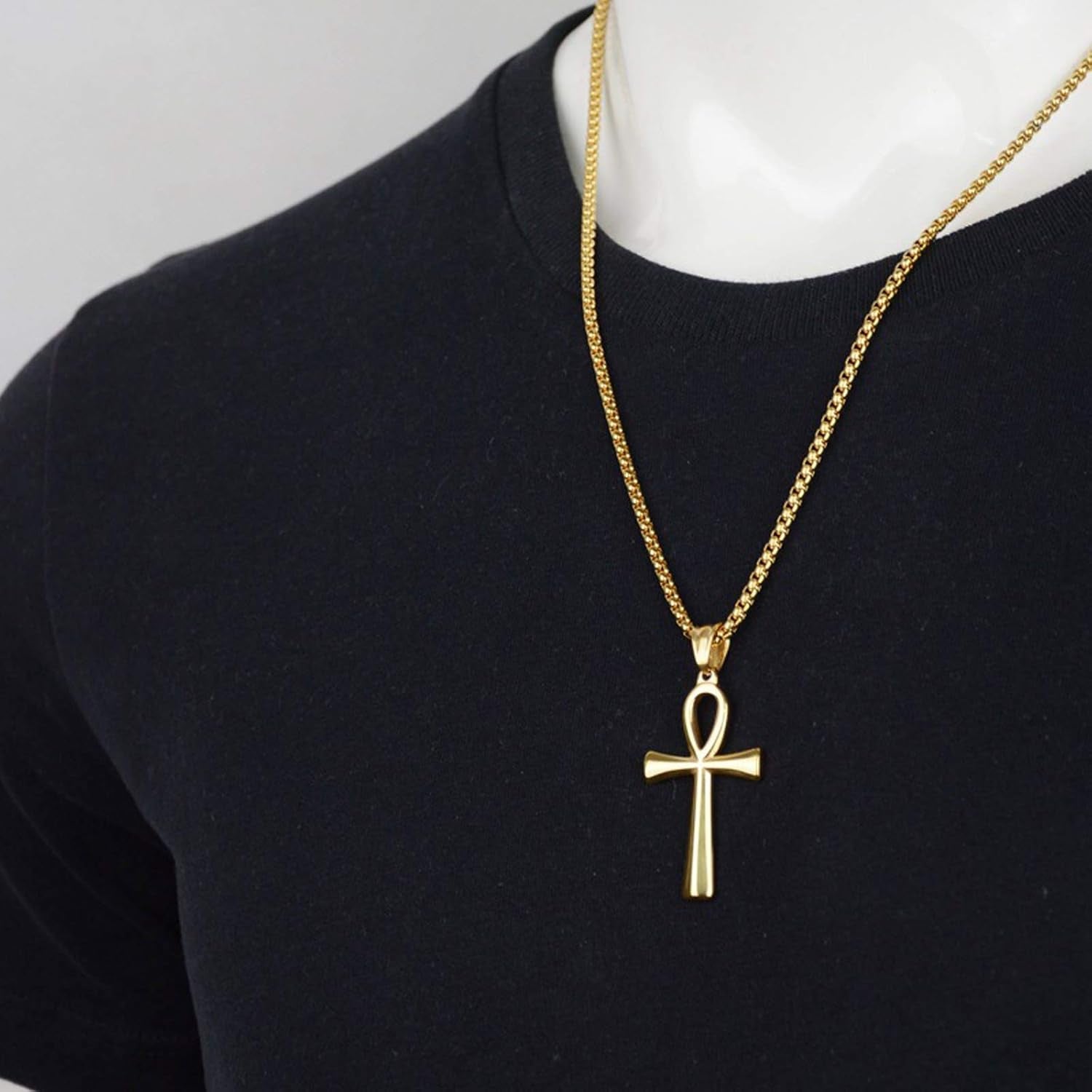 Men'S Cross Necklace 316L Stainless Steel Jesus Ankh Pendant Rolo Chain Jewelry