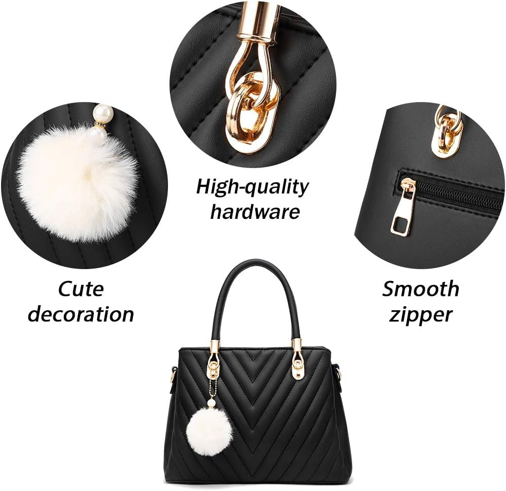 Womens Fashion Leather Handbags Quilted Purses Top-Handle Totes Satchel Bag for Ladies Shoulder Bag for Women with Pompom