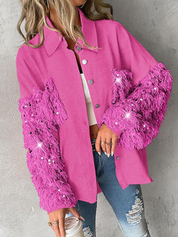 Women'S Colorblock Fuzzy Trim Long Sleeve Jacket, Casual Fashion Button Front Outerwear for Daily Outdoor Wear, Women Clothing for Fall & Winter