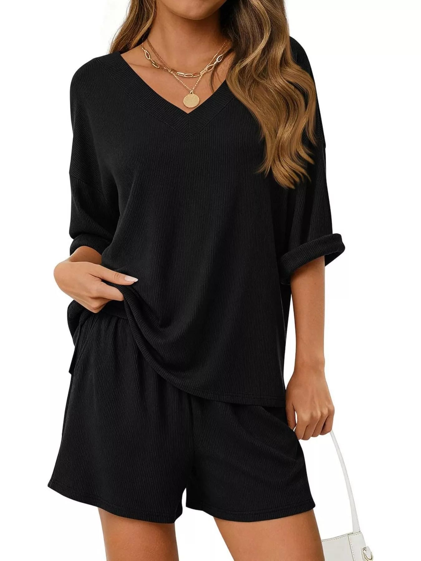 Casual Solid Color V - Neck Top & Shorts Set - Bela Fils BoutiqueBela Fils Boutique