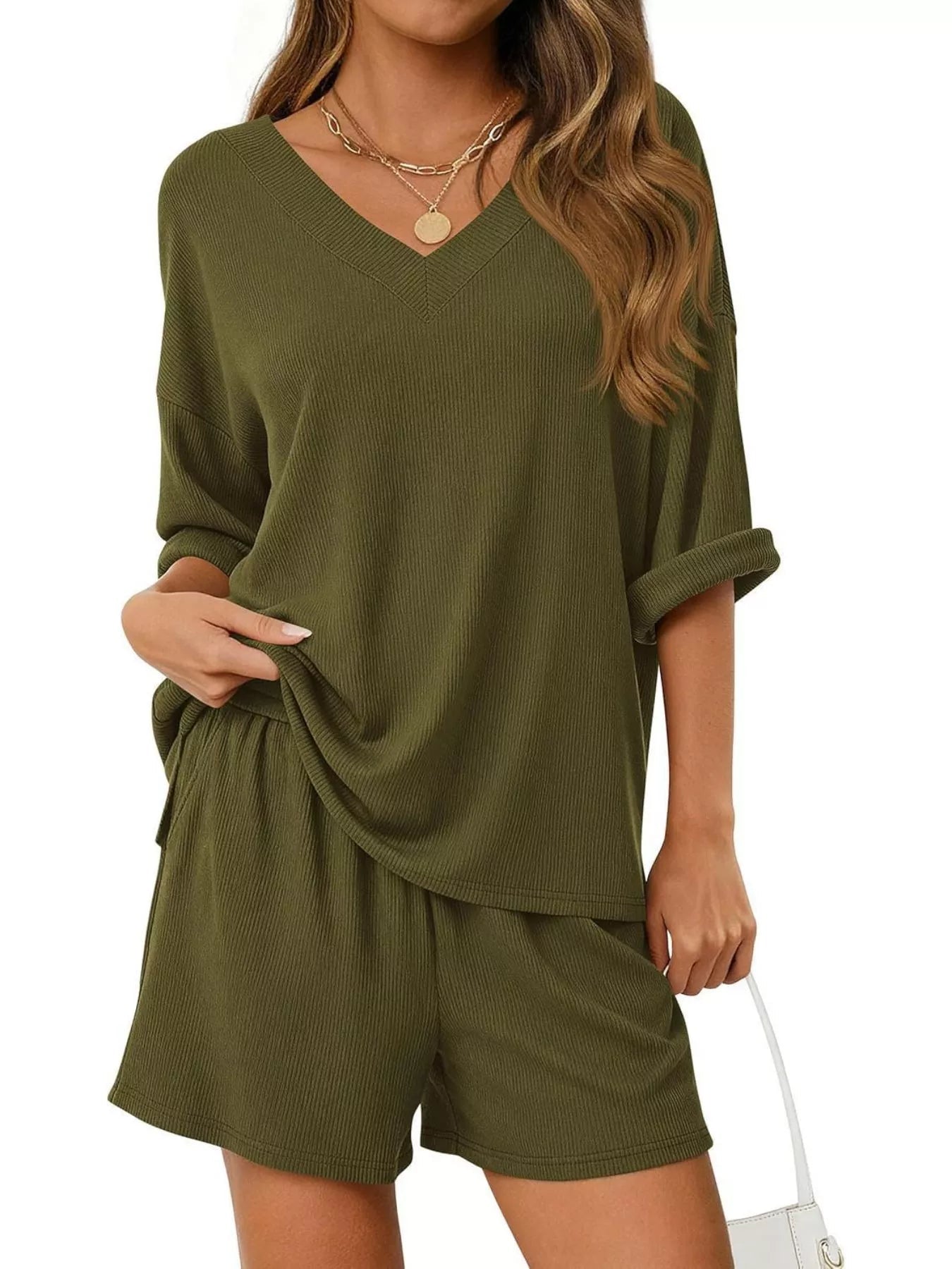 Casual Solid Color V - Neck Top & Shorts Set - Bela Fils BoutiqueBela Fils Boutique
