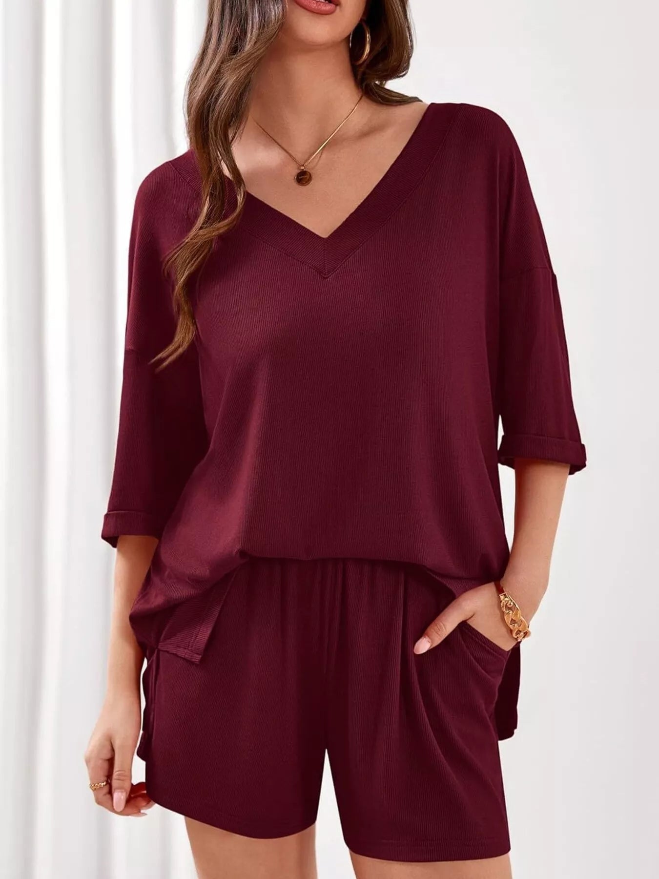Casual Solid Color V - Neck Top & Shorts Set - Bela Fils BoutiqueBela Fils Boutique