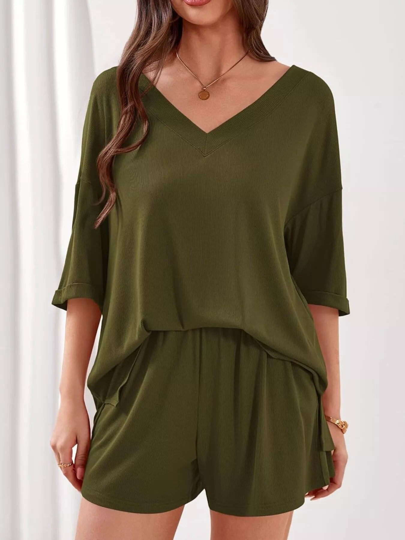 Casual Solid Color V - Neck Top & Shorts Set - Bela Fils BoutiqueBela Fils Boutique
