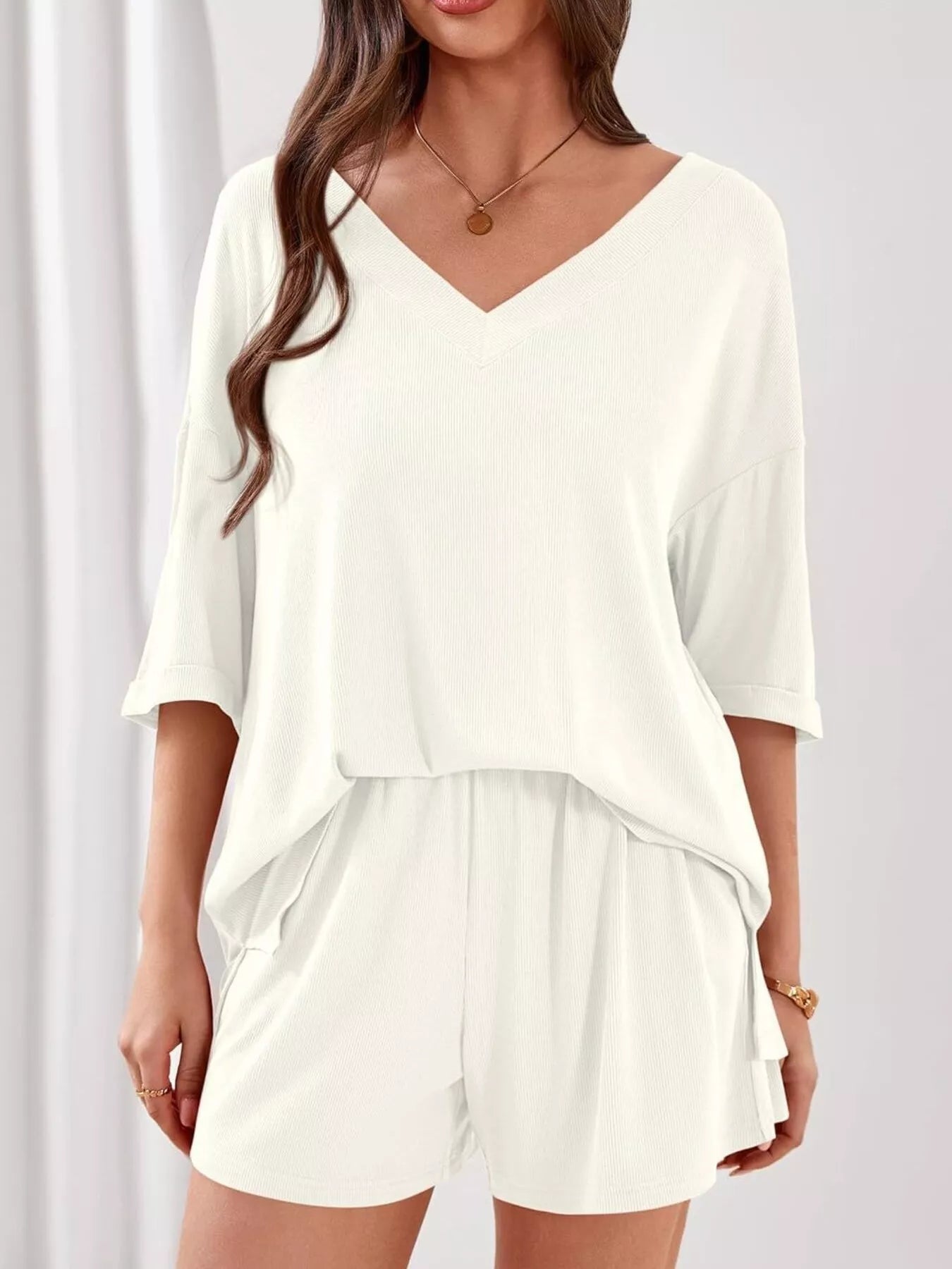 Casual Solid Color V - Neck Top & Shorts Set - Bela Fils BoutiqueBela Fils Boutique