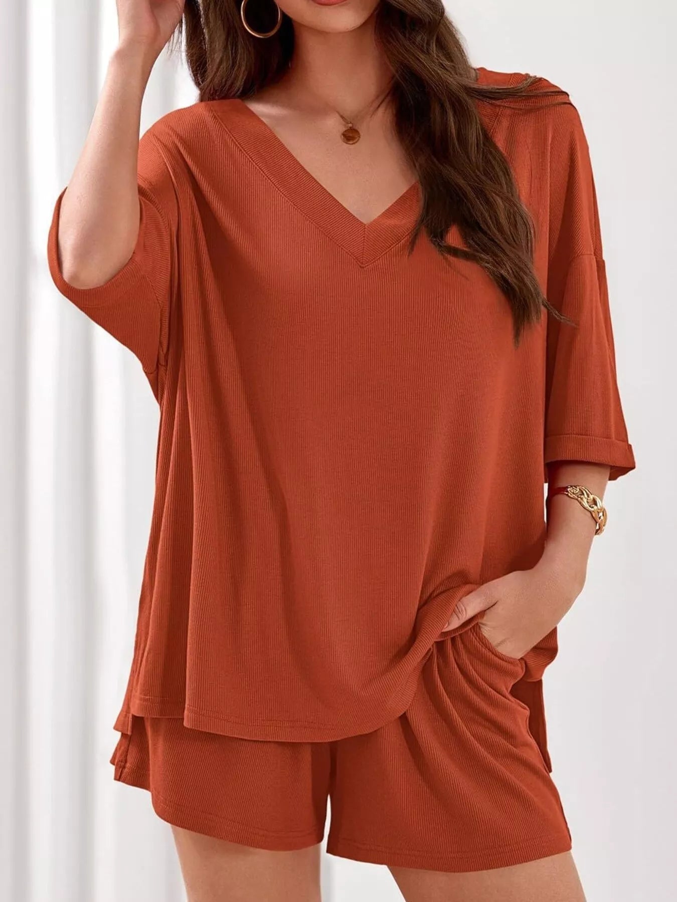Casual Solid Color V - Neck Top & Shorts Set - Bela Fils BoutiqueBela Fils Boutique