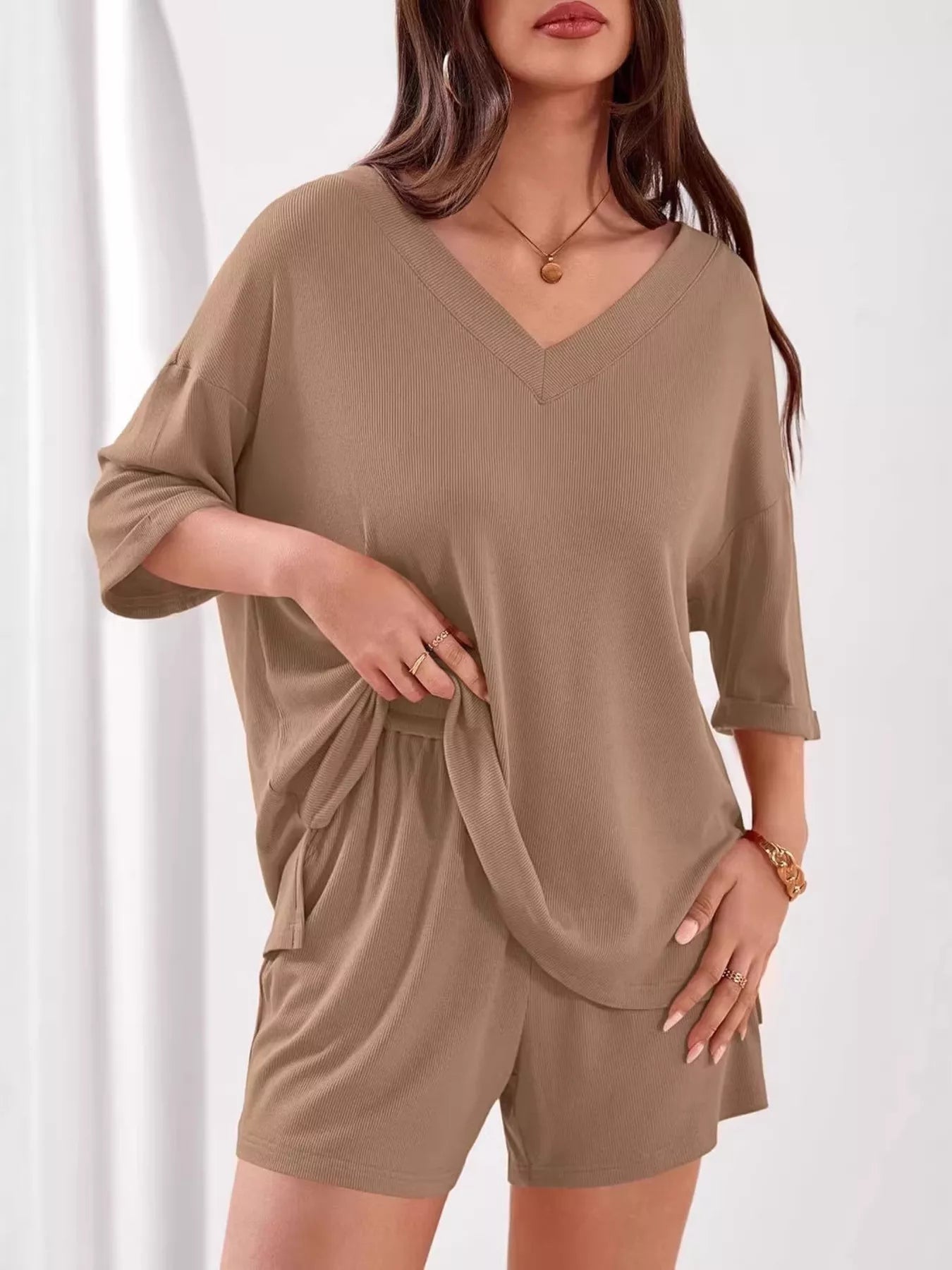 Casual Solid Color V - Neck Top & Shorts Set - Bela Fils BoutiqueBela Fils Boutique