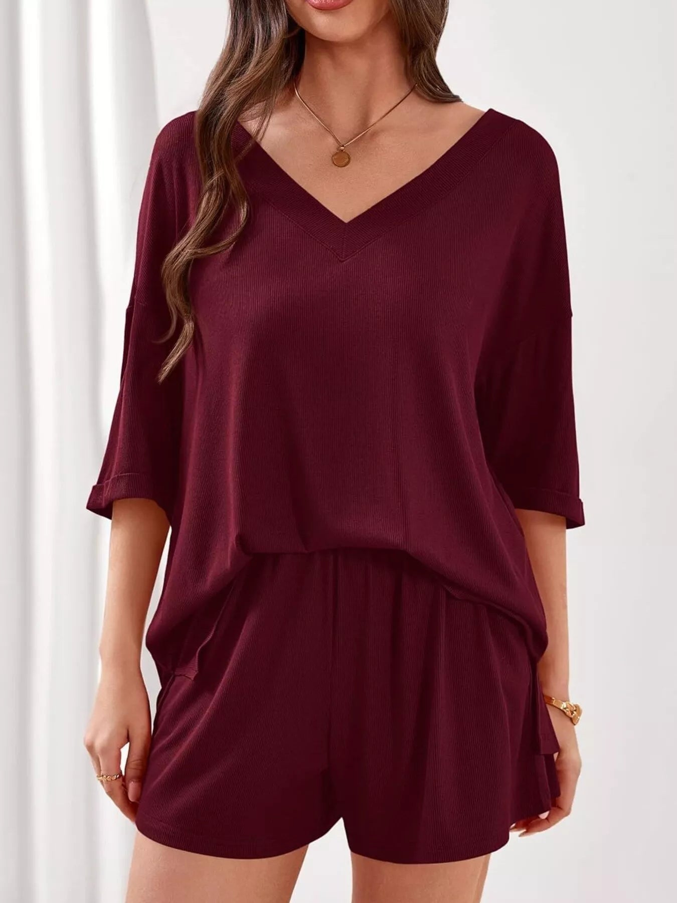 Casual Solid Color V - Neck Top & Shorts Set - Bela Fils BoutiqueBela Fils Boutique