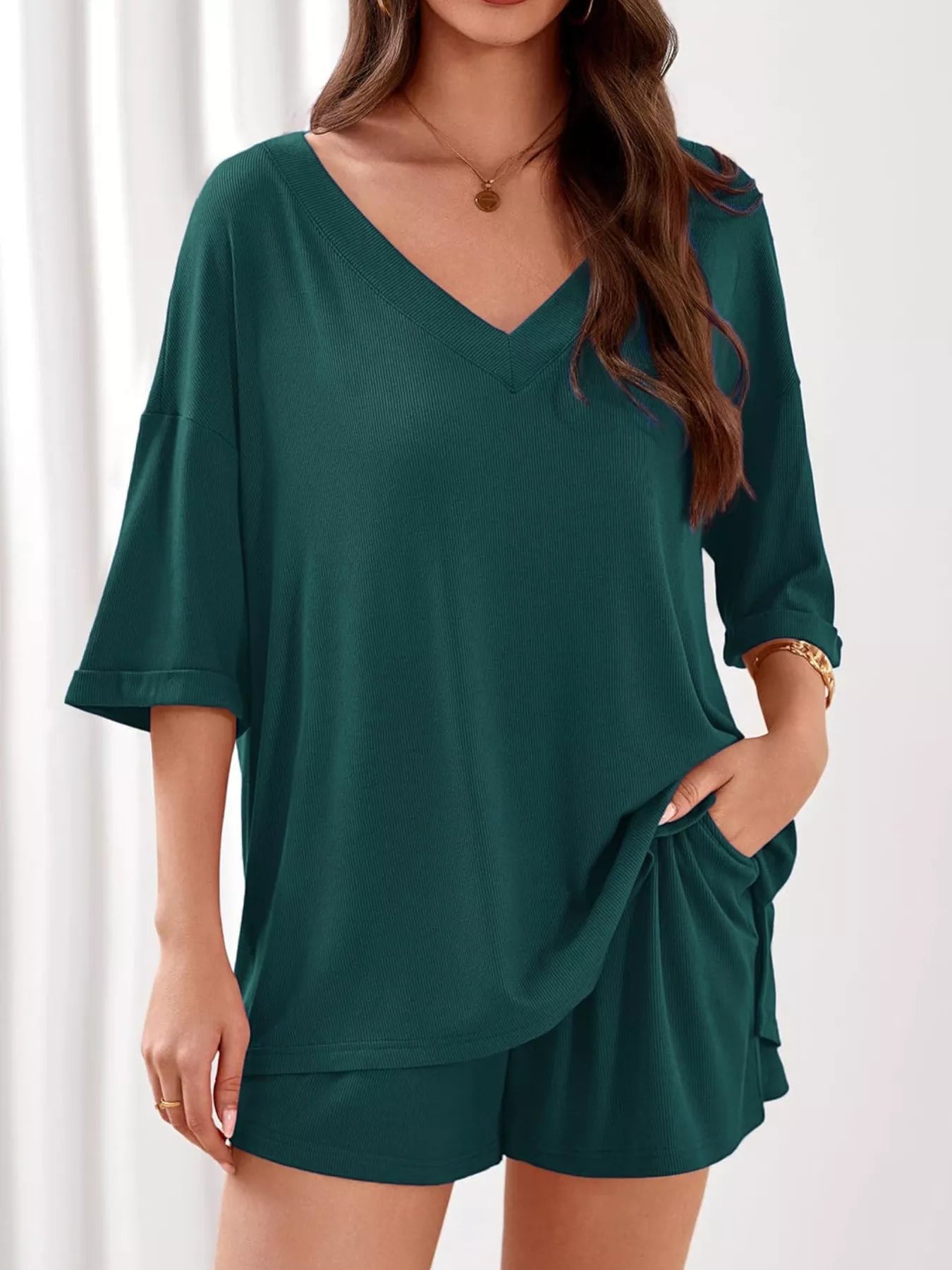 Casual Solid Color V - Neck Top & Shorts Set - Bela Fils BoutiqueBela Fils Boutique