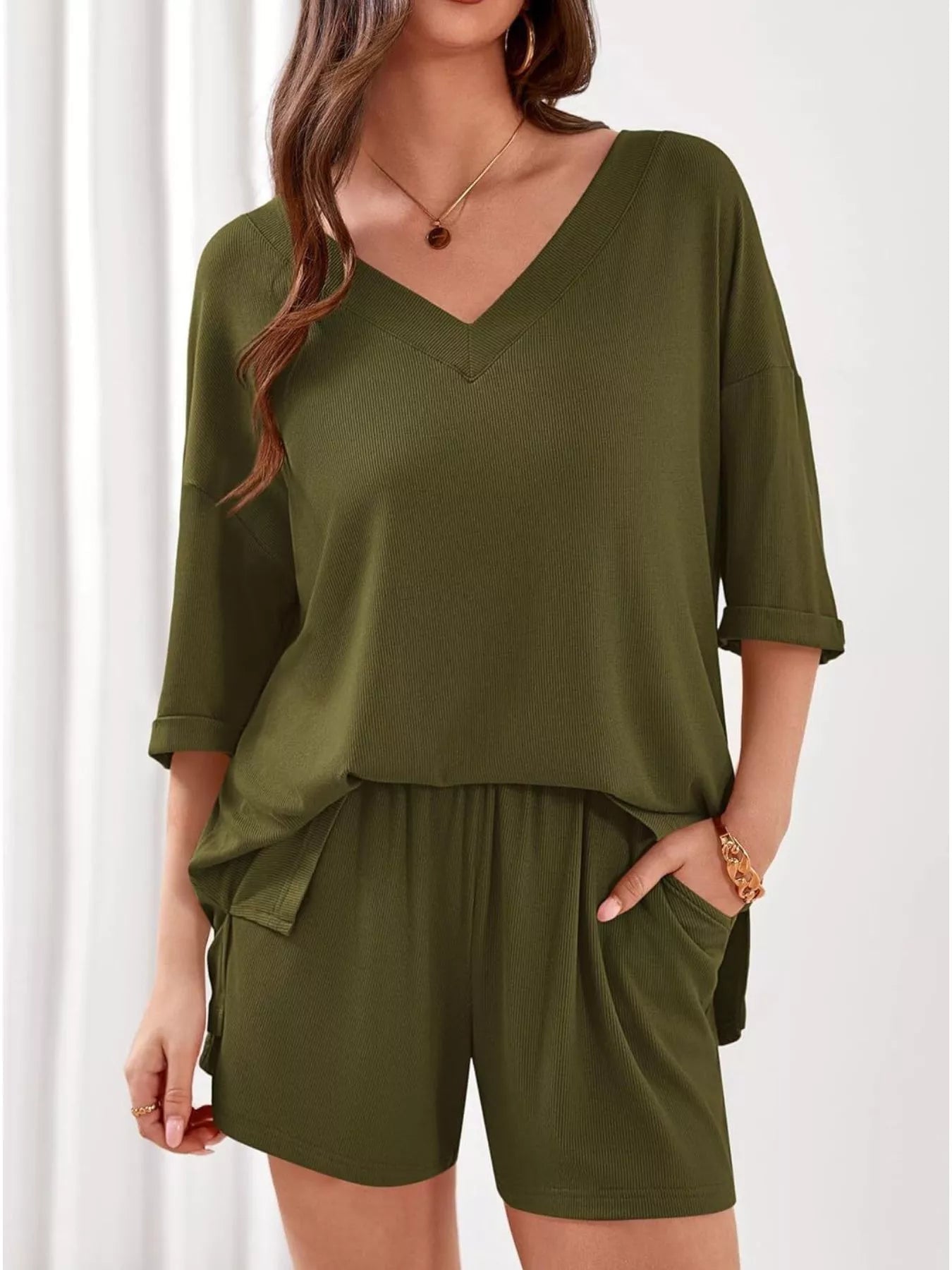 Casual Solid Color V - Neck Top & Shorts Set - Bela Fils BoutiqueBela Fils Boutique