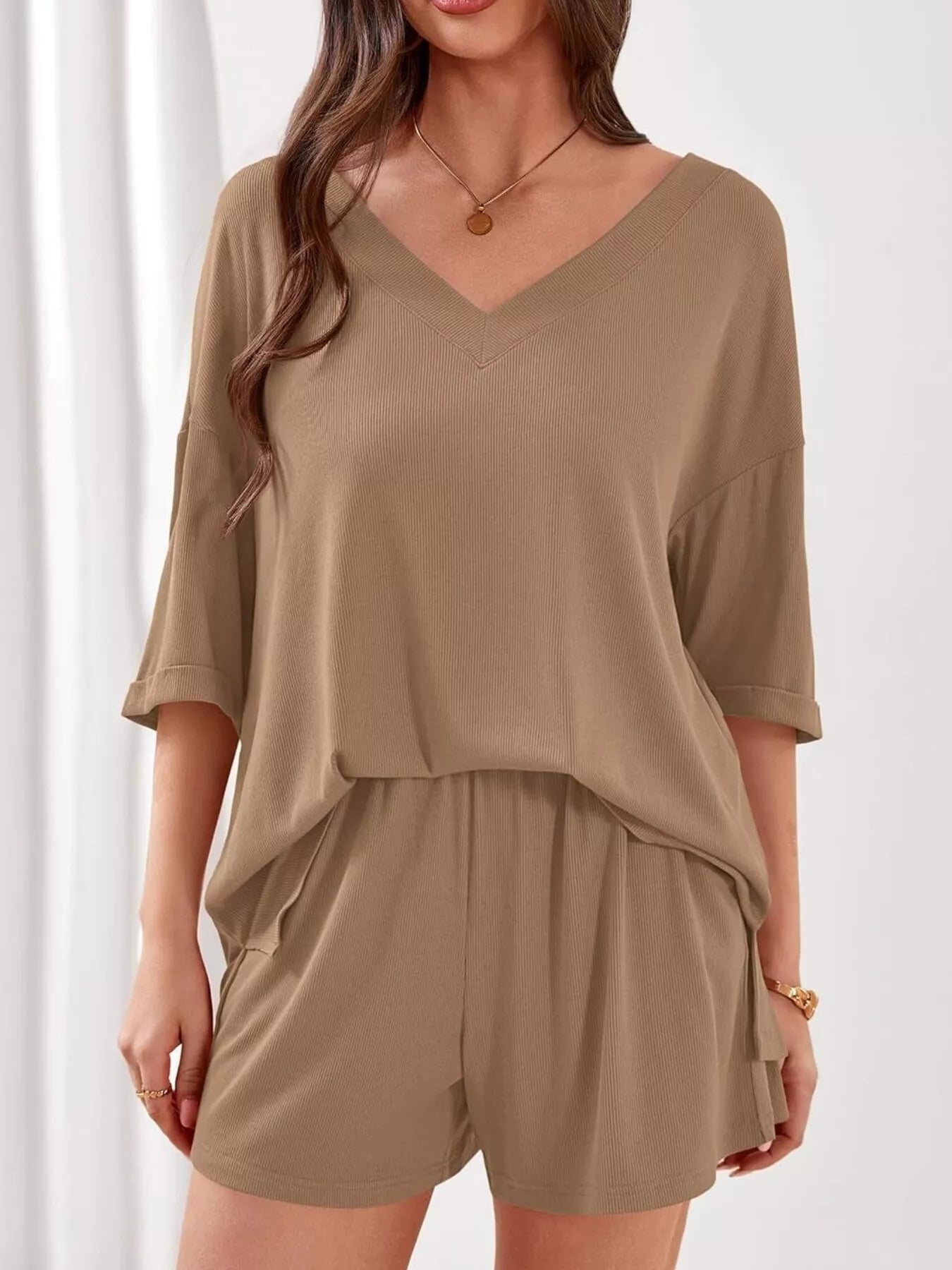 Casual Solid Color V - Neck Top & Shorts Set - Bela Fils BoutiqueBela Fils Boutique