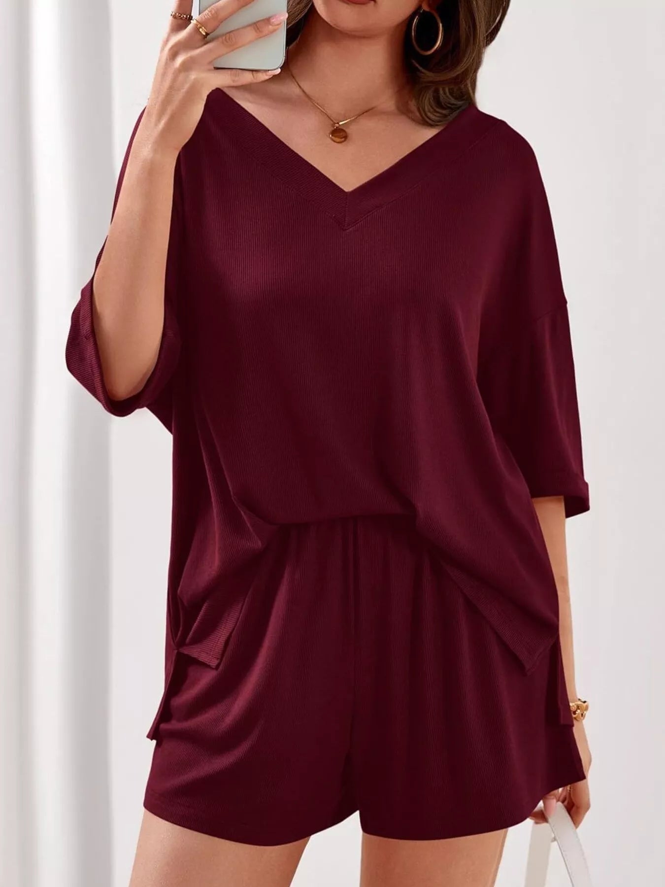 Casual Solid Color V - Neck Top & Shorts Set - Bela Fils BoutiqueBela Fils Boutique