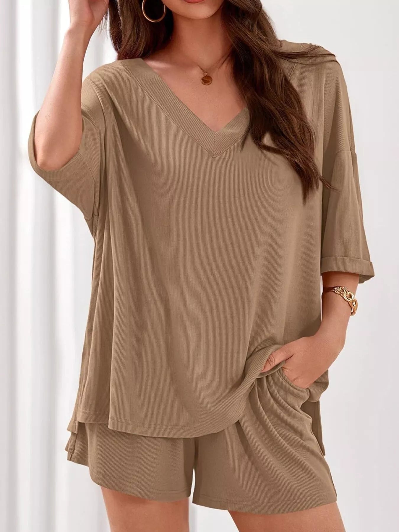Casual Solid Color V - Neck Top & Shorts Set - Bela Fils BoutiqueBela Fils Boutique