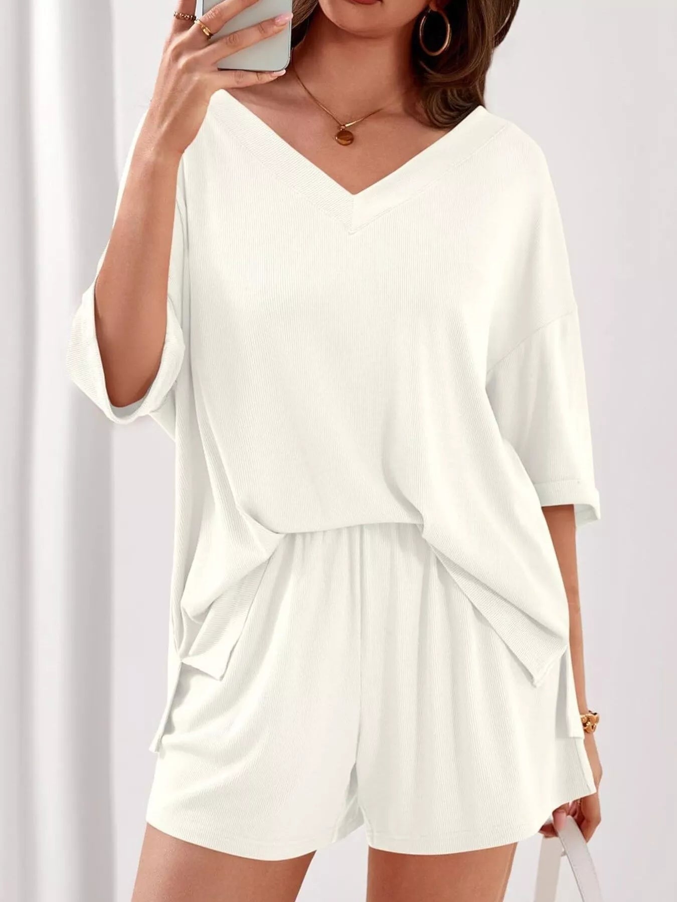 Casual Solid Color V - Neck Top & Shorts Set - Bela Fils BoutiqueBela Fils Boutique