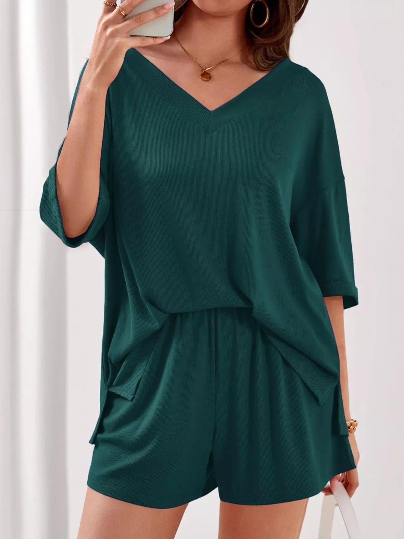 Casual Solid Color V - Neck Top & Shorts Set - Bela Fils BoutiqueBela Fils Boutique