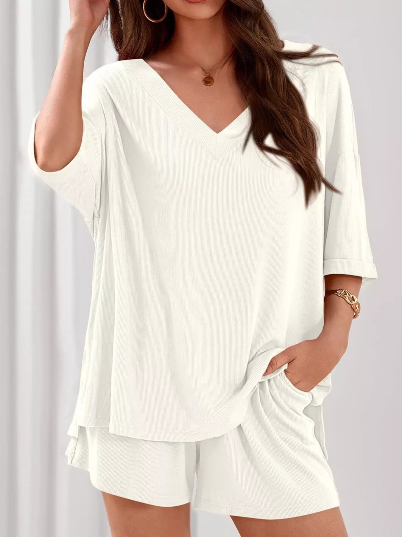 Casual Solid Color V - Neck Top & Shorts Set - Bela Fils BoutiqueBela Fils Boutique