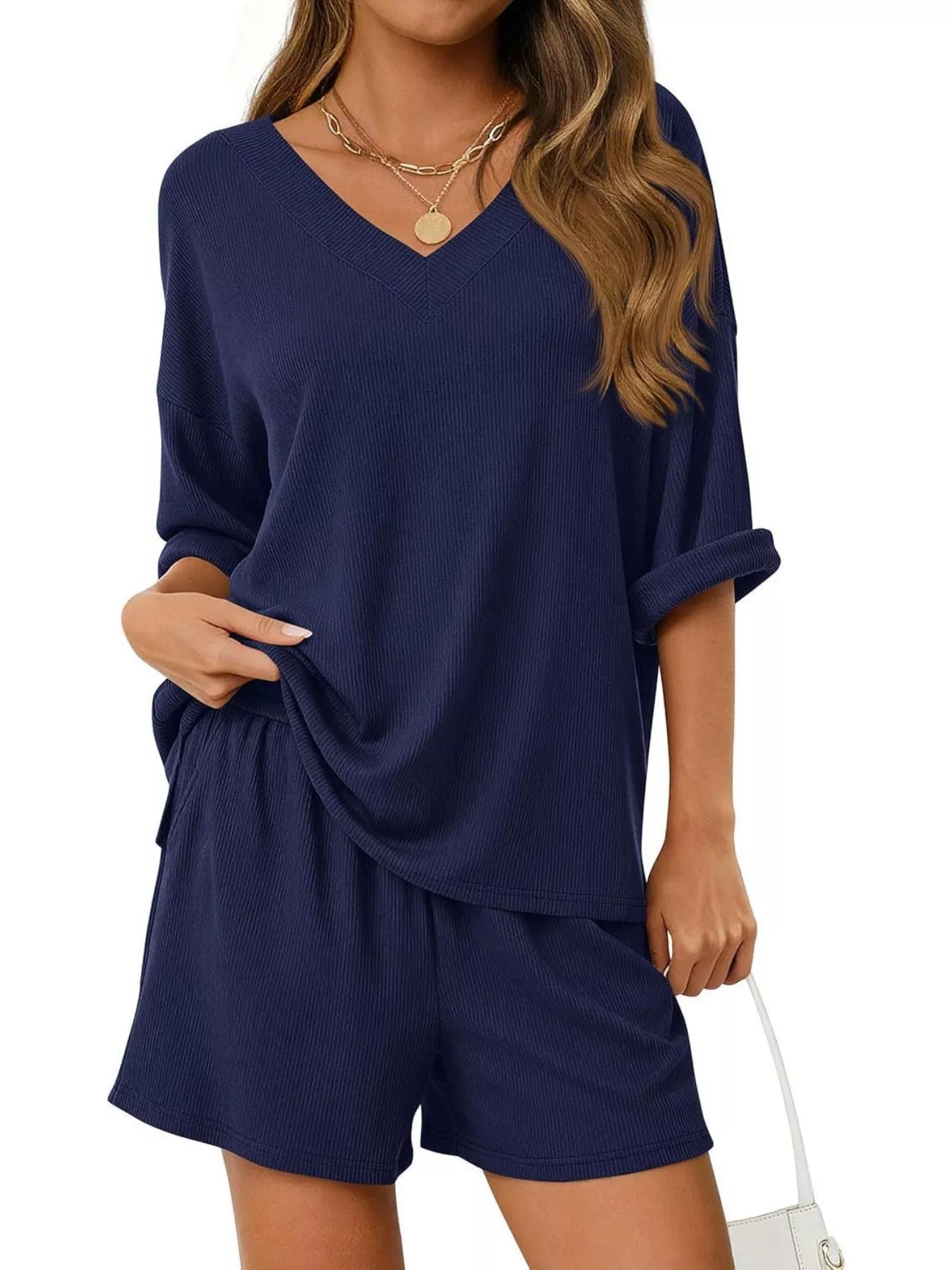 Casual Solid Color V - Neck Top & Shorts Set - Bela Fils BoutiqueBela Fils Boutique