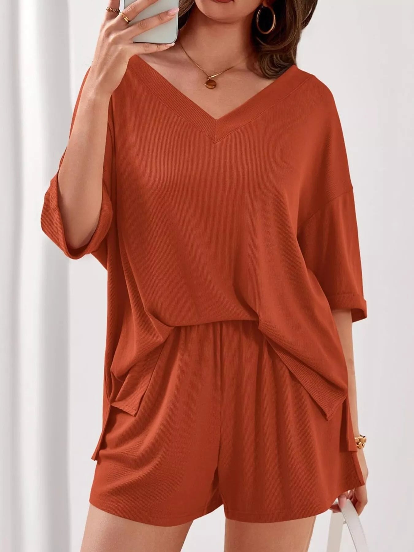 Casual Solid Color V - Neck Top & Shorts Set - Bela Fils BoutiqueBela Fils Boutique