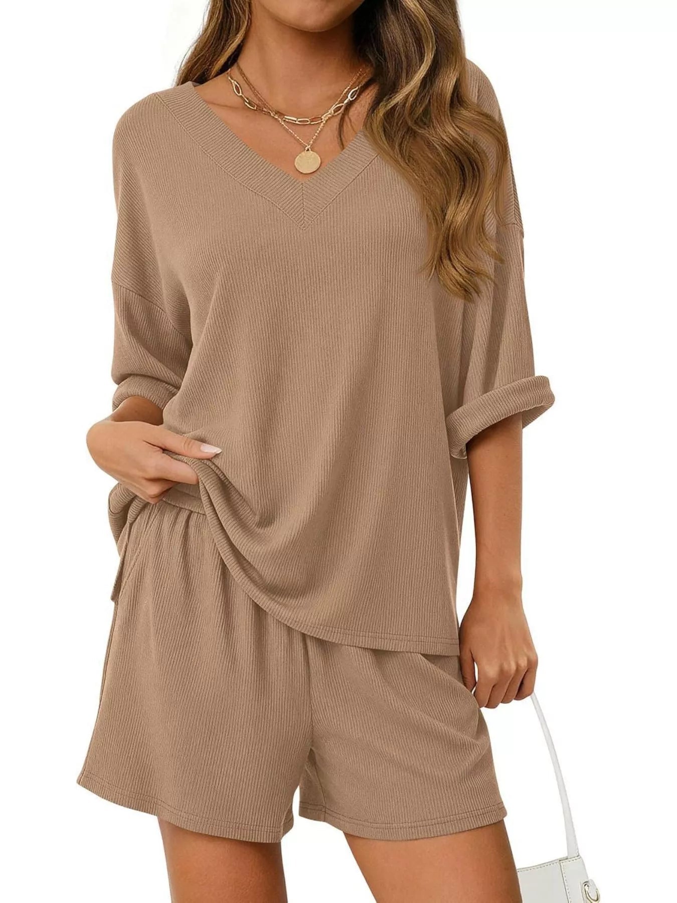 Casual Solid Color V - Neck Top & Shorts Set - Bela Fils BoutiqueBela Fils Boutique