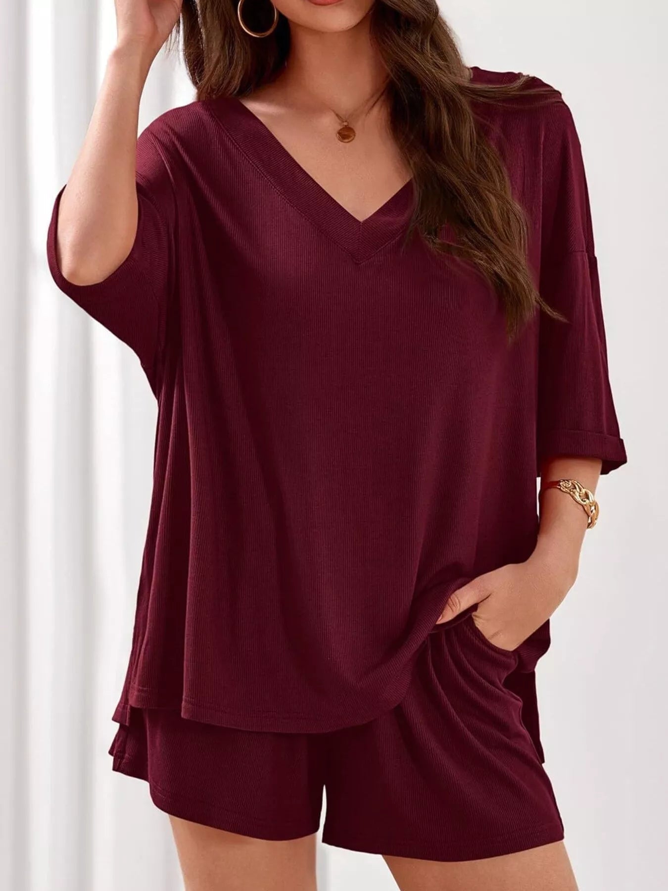 Casual Solid Color V - Neck Top & Shorts Set - Bela Fils BoutiqueBela Fils Boutique