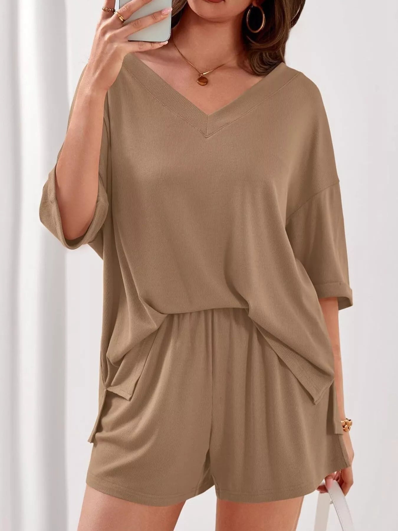 Casual Solid Color V - Neck Top & Shorts Set - Bela Fils BoutiqueBela Fils Boutique