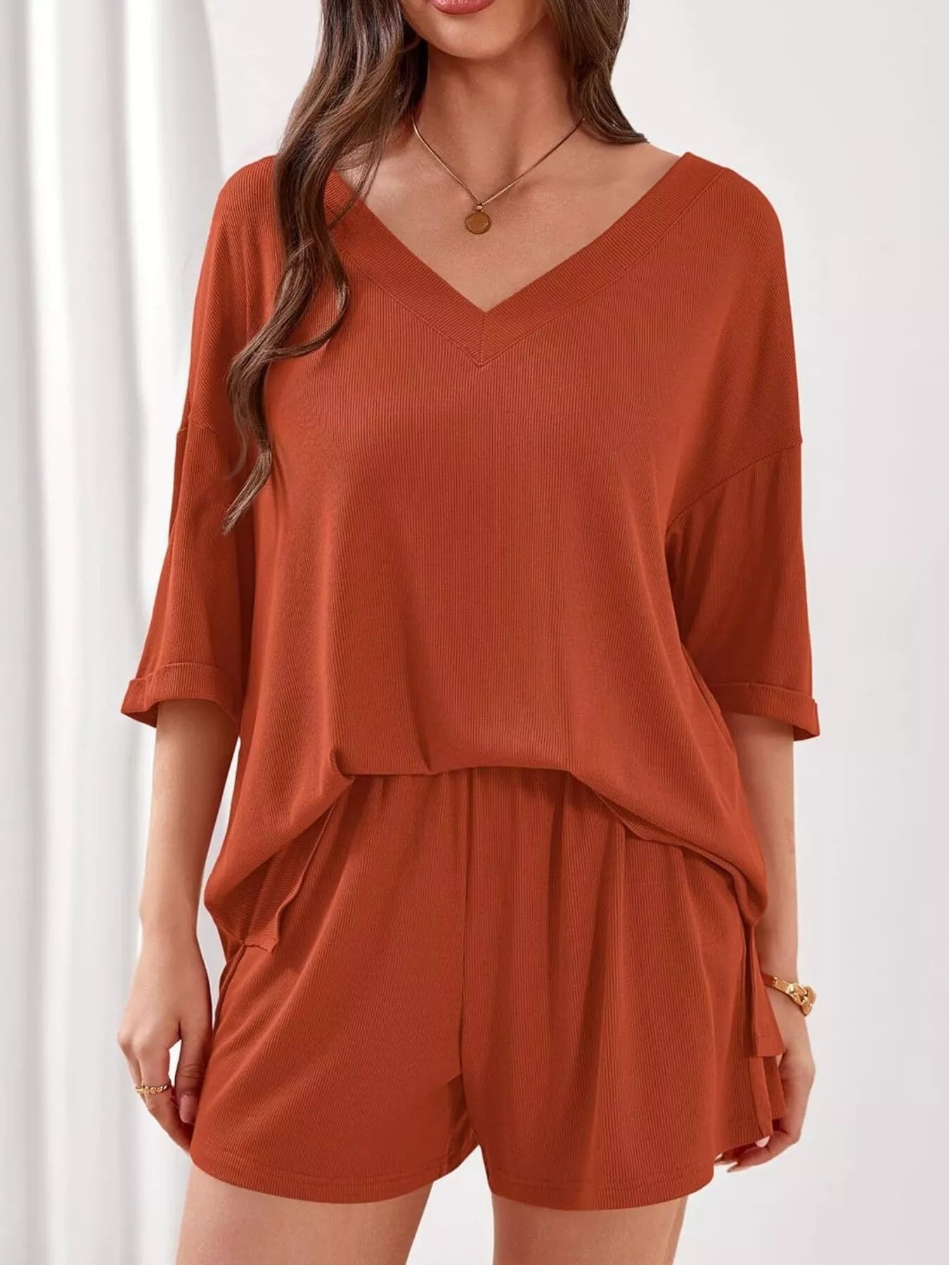 Casual Solid Color V - Neck Top & Shorts Set - Bela Fils BoutiqueBela Fils Boutique