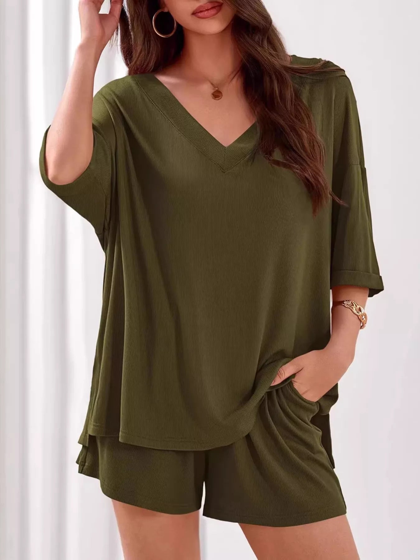 Casual Solid Color V - Neck Top & Shorts Set - Bela Fils BoutiqueBela Fils Boutique