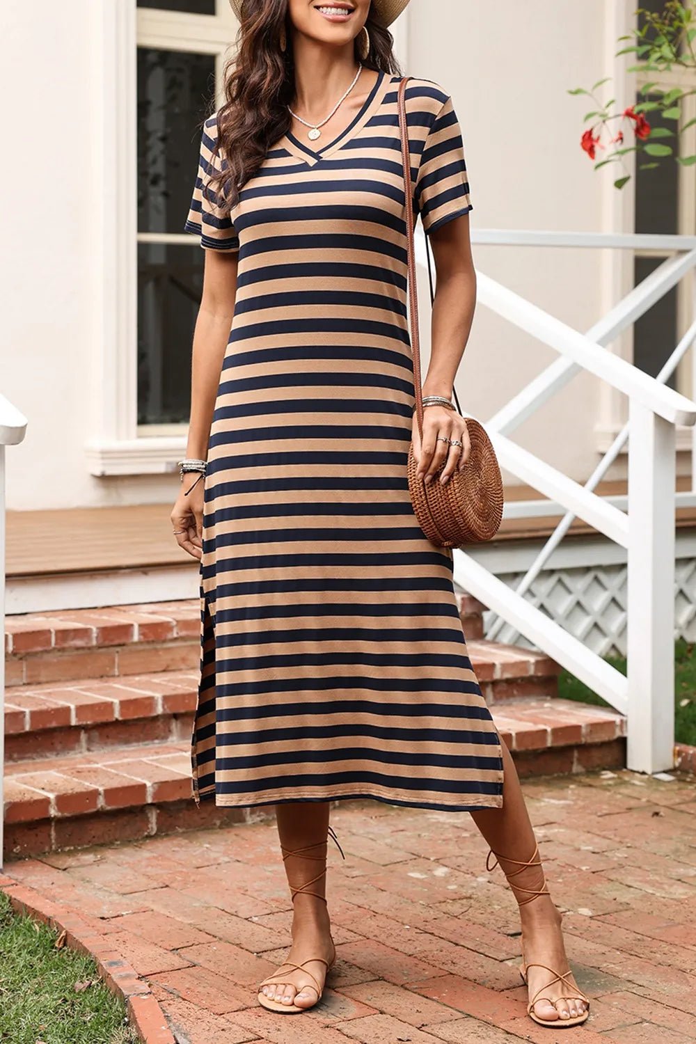 Casual Striped V - Neck Midi T-Shirt Dress - Bela Fils BoutiqueBela Fils Boutique