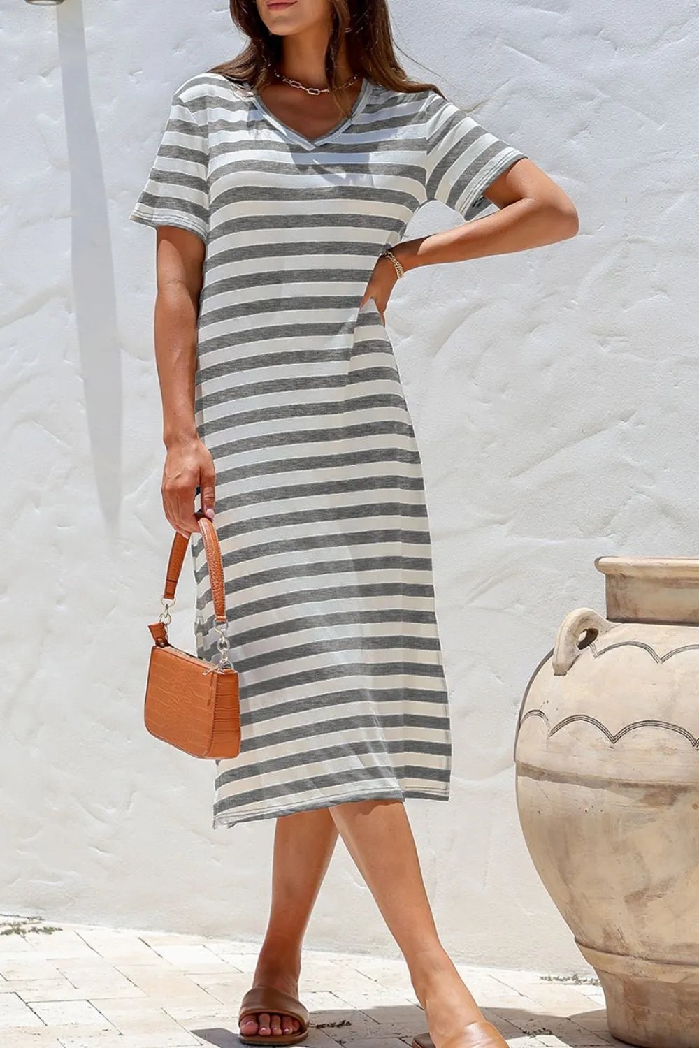 Casual Striped V - Neck Midi T-Shirt Dress - Bela Fils BoutiqueBela Fils Boutique