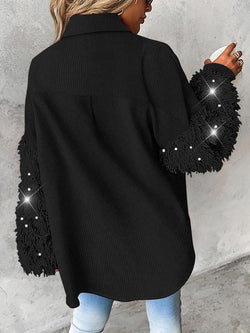 Women'S Colorblock Fuzzy Trim Long Sleeve Jacket, Casual Fashion Button Front Outerwear for Daily Outdoor Wear, Women Clothing for Fall & Winter