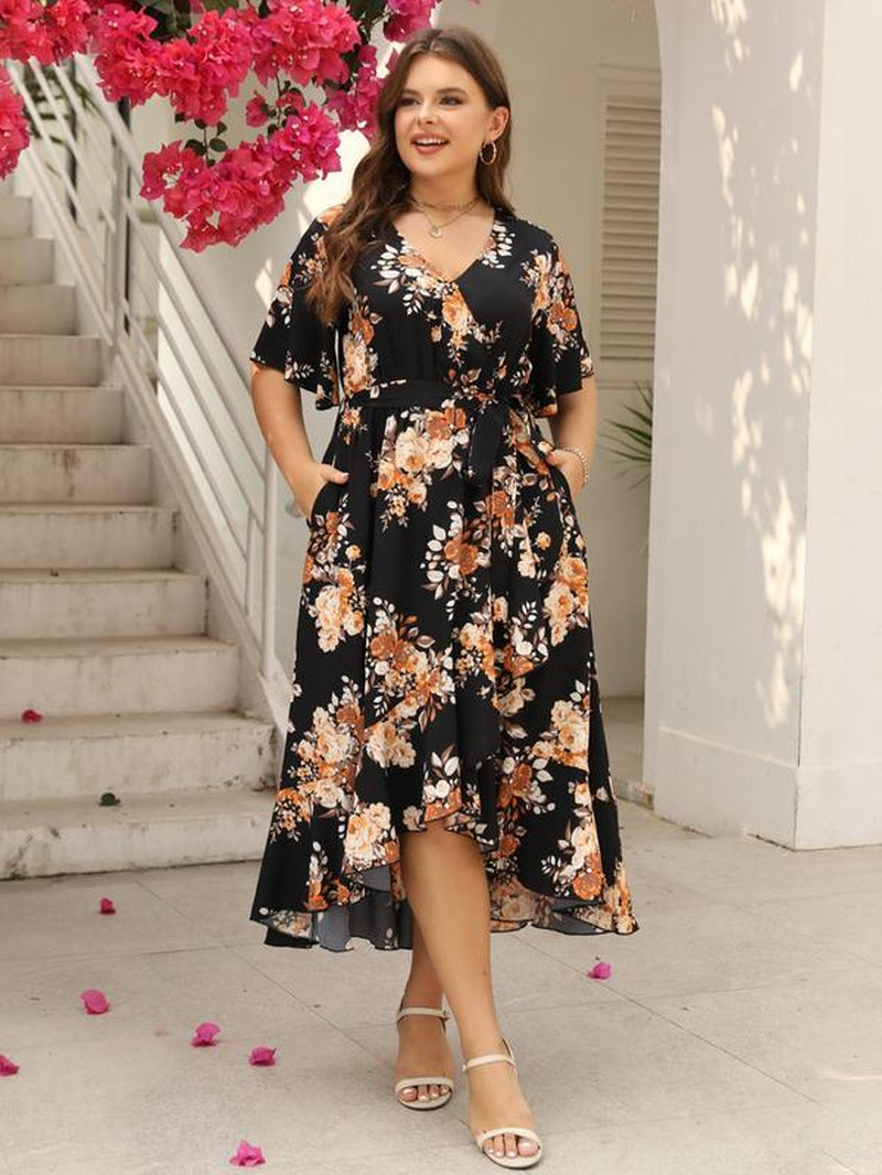 Plus Size Floral Print Ruffle Hem Belted Wrap a Line Dress, Boho Butterfly Sleeve V Neck High Low Midi Dress, Women Clothing for Spring & Fall