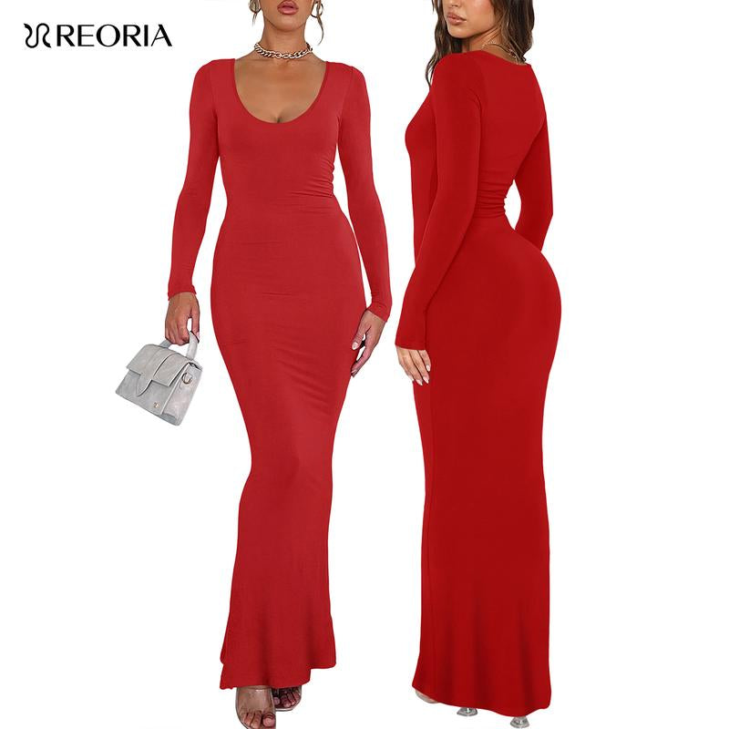 REORIA Tiktokshopbacktoschool Mother'S Day Gift Women'S Sexy Scoop Neck Long Sleeve Lounge Long Dress Summer Outdoorfun Ribbed Bodycon Maxi Dresses Fall Winter Layer Casual Fabric