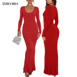 REORIA Tiktokshopbacktoschool Mother'S Day Gift Women'S Sexy Scoop Neck Long Sleeve Lounge Long Dress Summer Outdoorfun Ribbed Bodycon Maxi Dresses Fall Winter Layer Casual Fabric