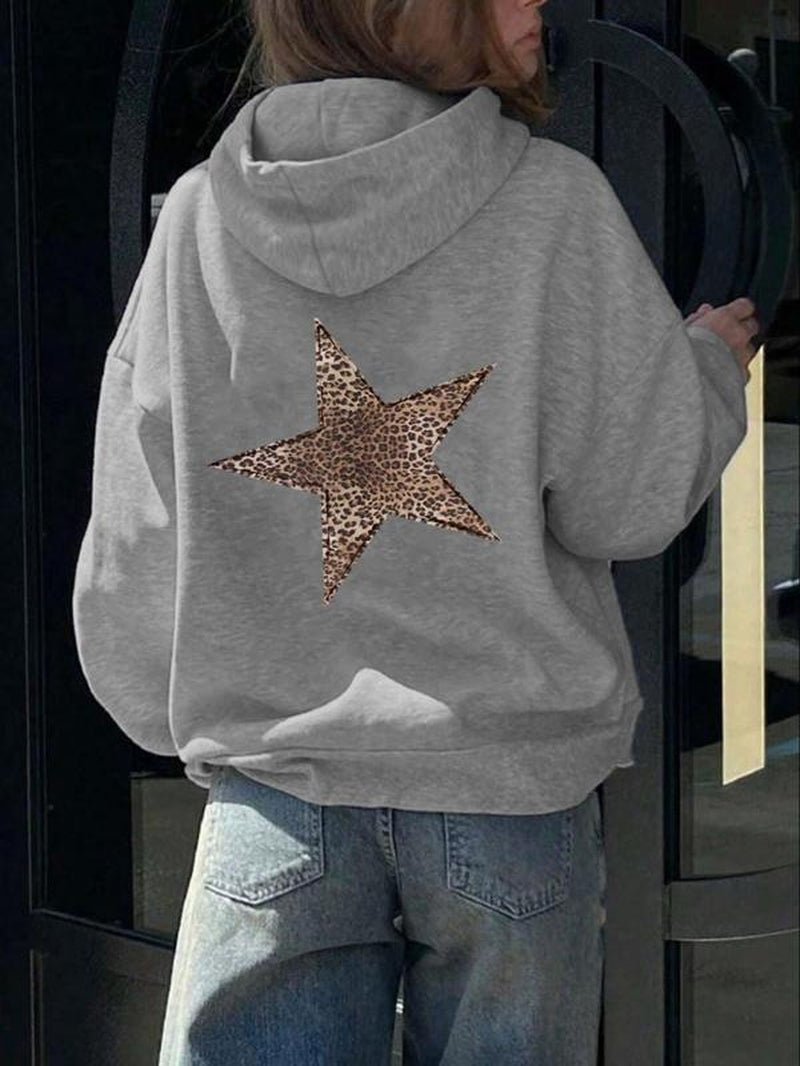 Chic Women's Leopard Star Print Hoodie - Casual Drop Shoulder Sweatshirt with Drawstring Pocket for Fall & Winter Adventures - Bela Fils BoutiqueBela Fils Boutique